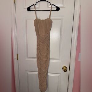 PrettyLittleThing Strapless Tan Dress